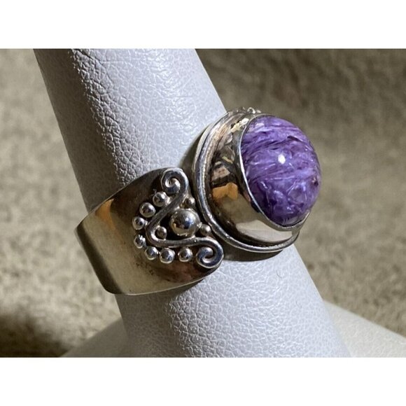 Sterling Silver & Charoite Oval Hi-Dome Stone Ring By Sajen Jewelry Bali Sz. 9 1 - Picture 3 of 10